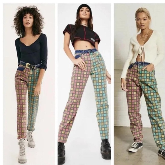 The Ragged Priest Mix Check Mom Jeans in Red Green - Picture 9 of 9